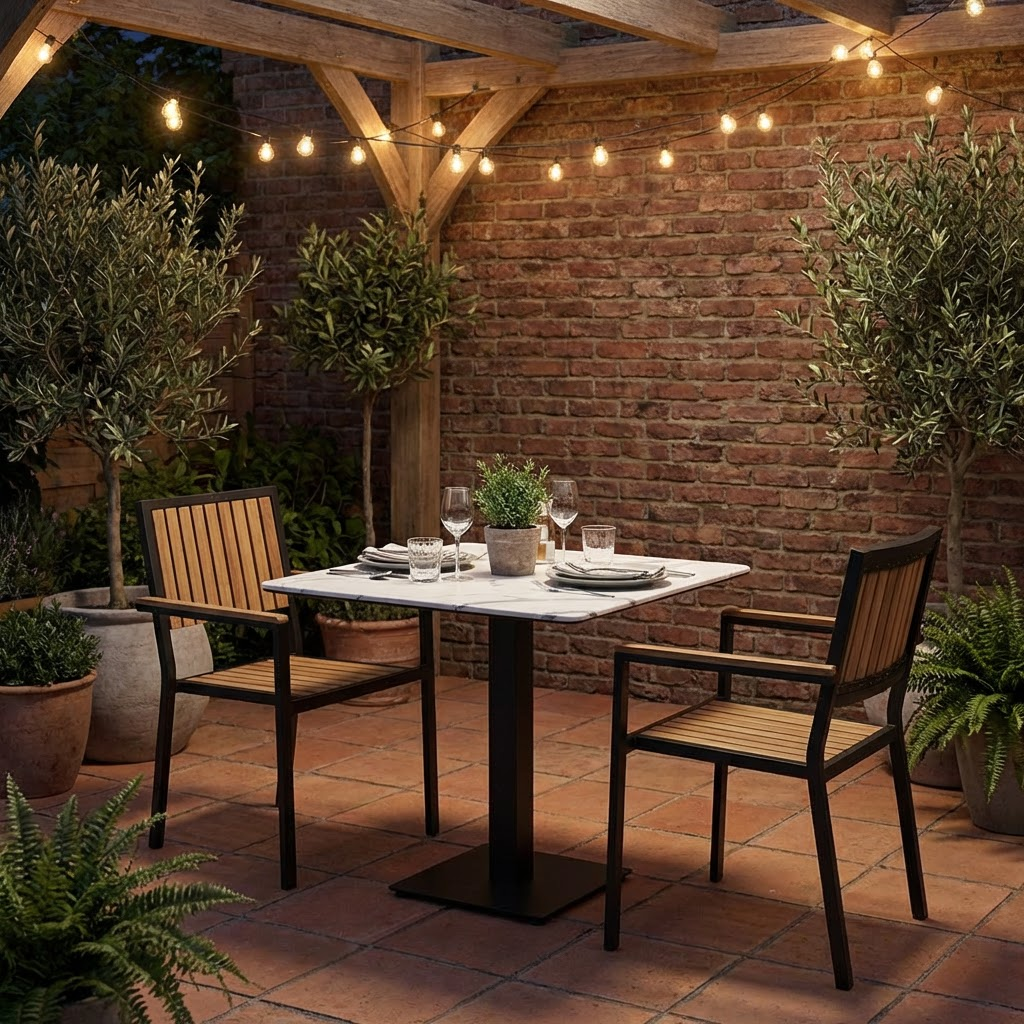 Table d'extérieur Catania 60x60cm aspect marbre blanc Compact HPL Plateau de table