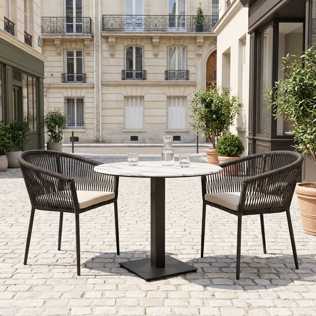 Table Outdoor ronde Catania en 80cm aspect marbre blanc Compact HPL Plateau de table