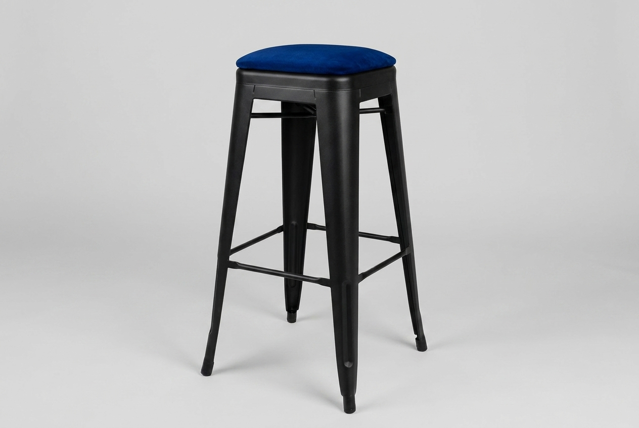 Barhocker aus Stahl Velours mit Sitzpolster Samt Blau