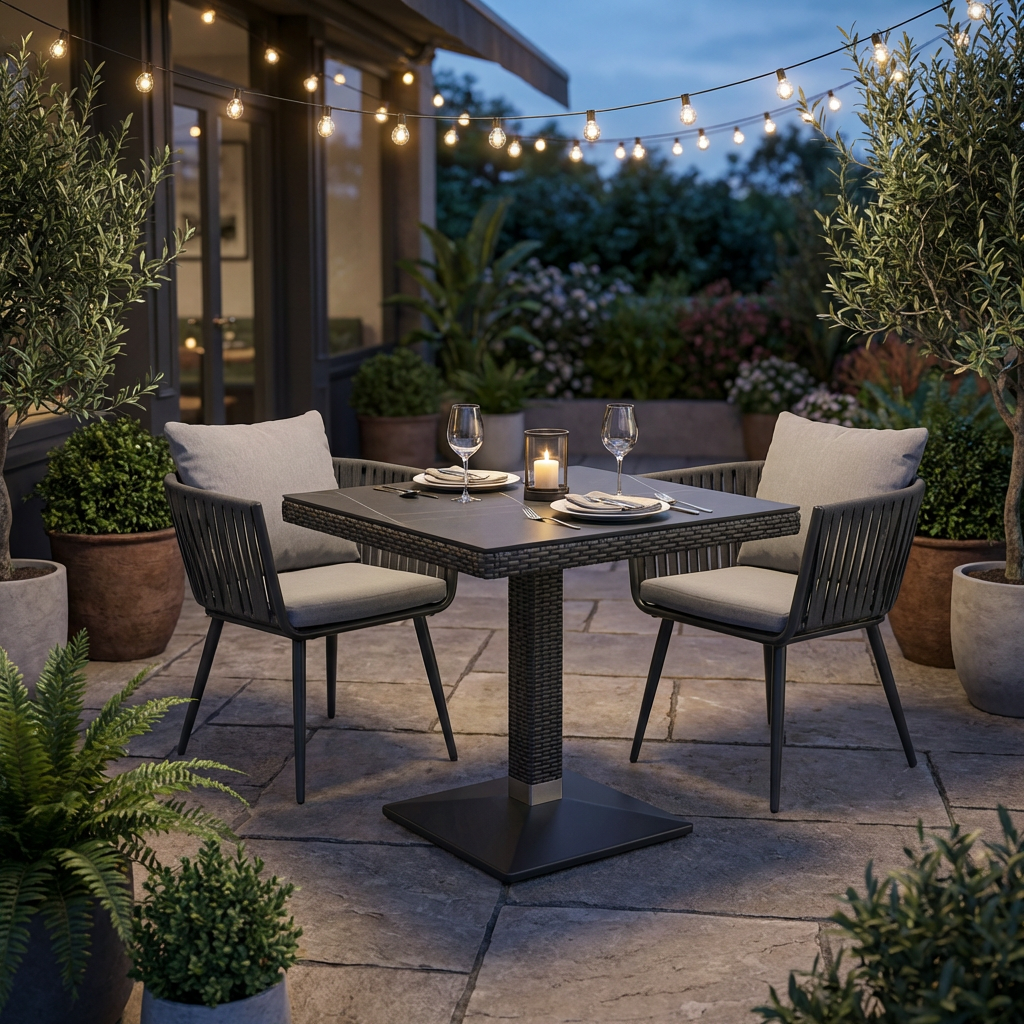 Table Verona 70x70cm Poly rotin brun foncé aspect marbre